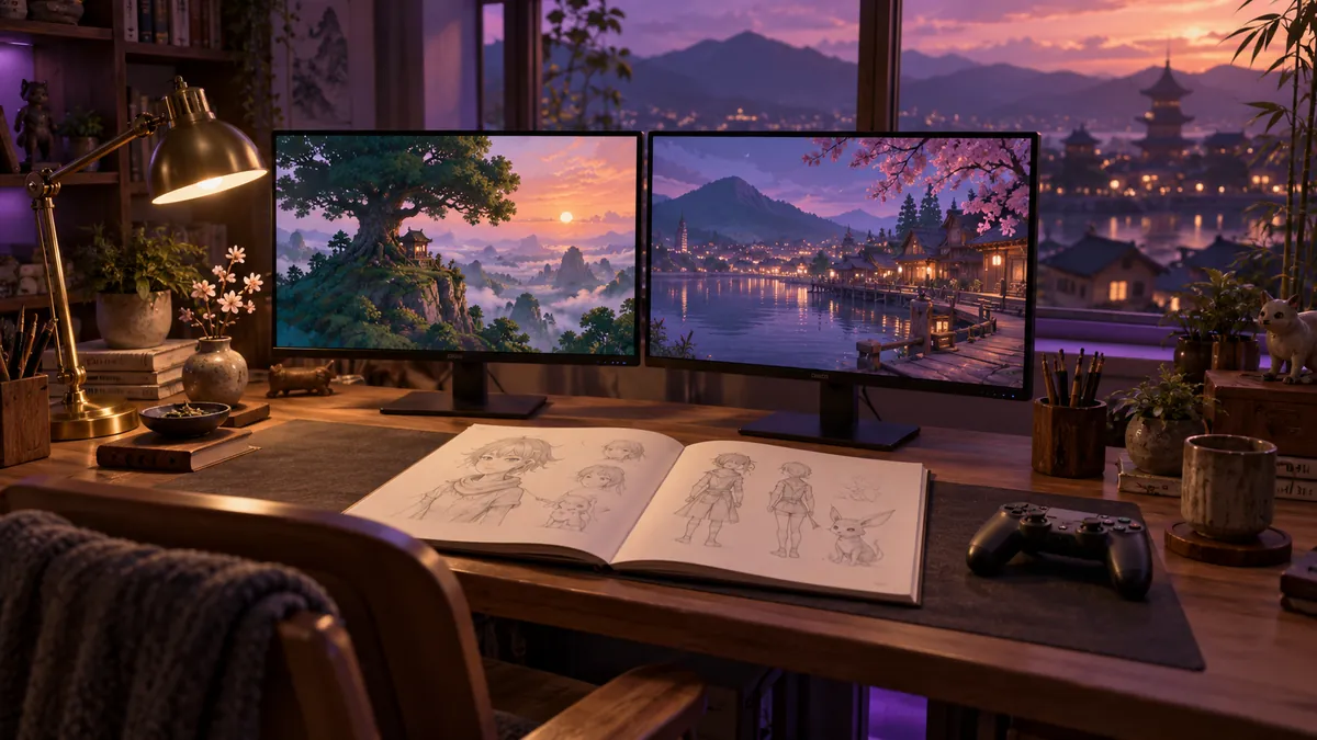 夜の作業机に並ぶゲーム制作の道具