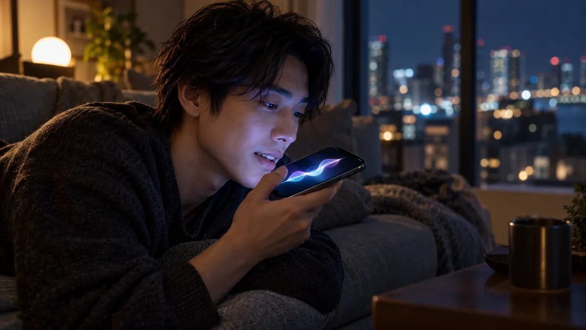 夜の部屋でスマートフォンに向かって話しかける日本人の若い男性