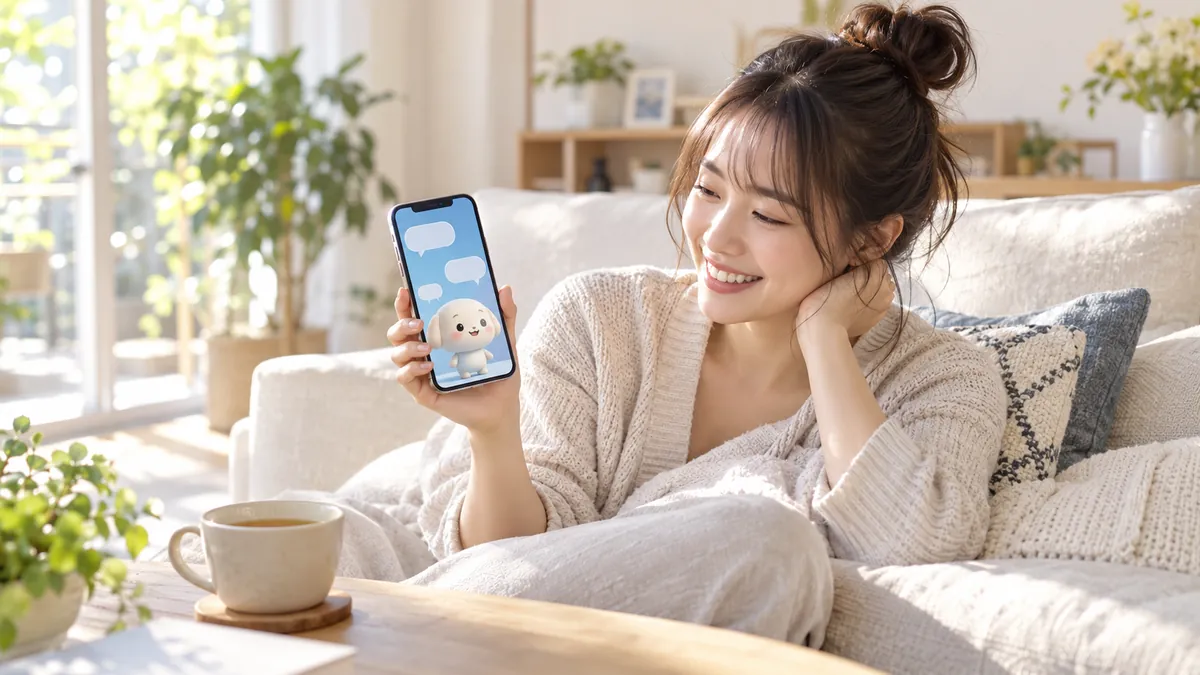 ソファでスマートフォンのキャラクターと会話を楽しむ日本人の女性