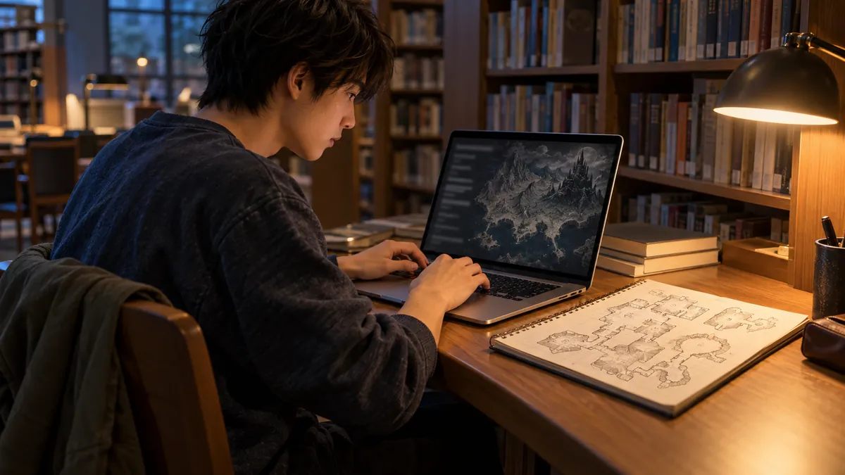 ノートパソコンでテキストアドベンチャーを進める日本人の大学生