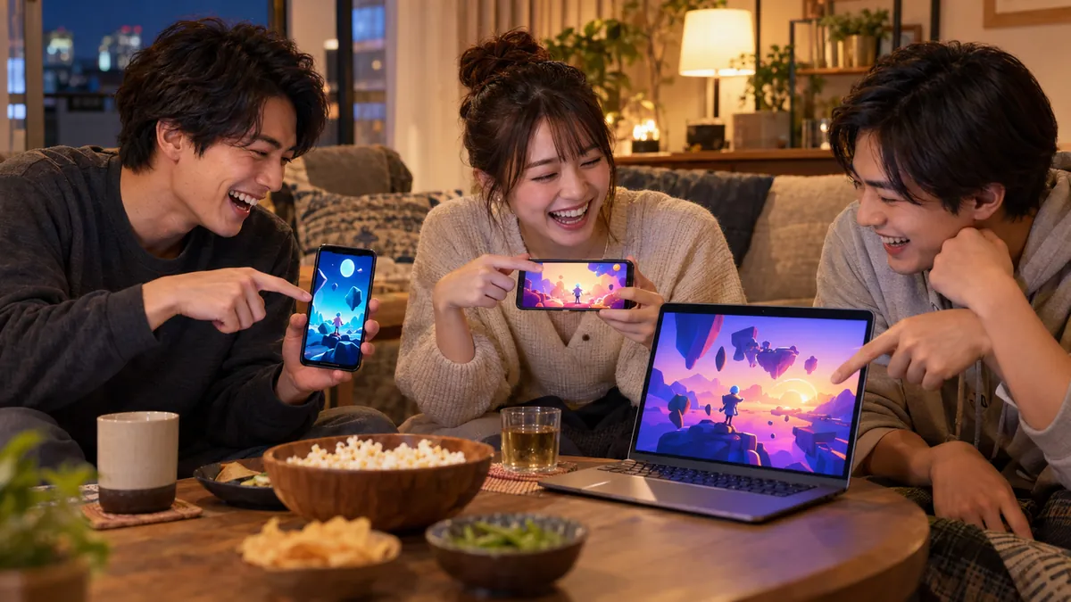 ゲームのパッケージやスマートフォンを並べて遊ぶ作品を選ぶ日本人の若者たち