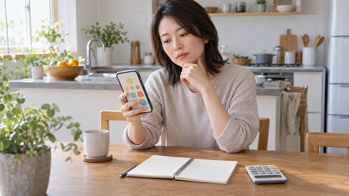 スマートフォンの課金画面の前で考え込む日本人の女性