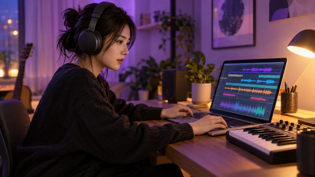 ヘッドホンをつけてノートパソコンで音の波形を編集する日本人の若い女性