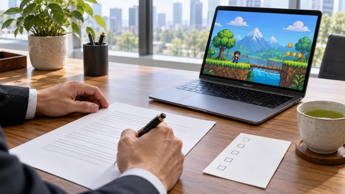 書類とノートパソコンを前に利用規約を確認するゲーム制作者の手元