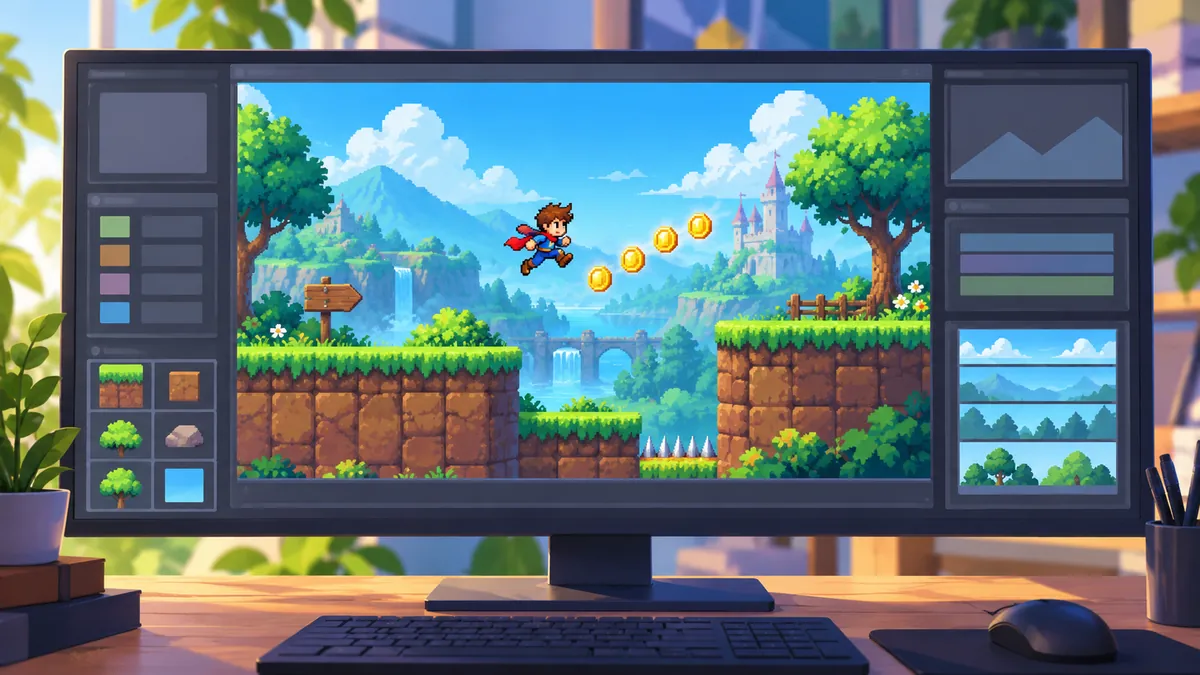 ゲームエンジンの画面にキャラクターと背景とタイルが組み合わさったカラフルなステージ
