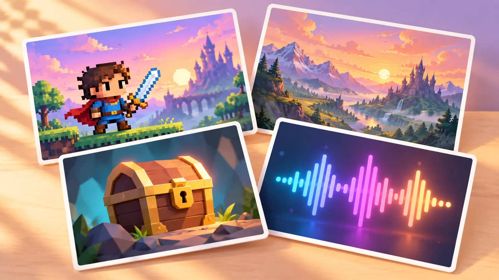 ドット絵のキャラ、風景画、音の波形が並ぶゲーム素材のコラージュ