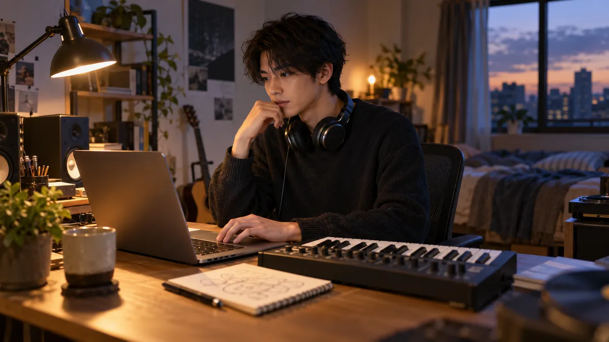 ヘッドホンを首にかけ小型のMIDIキーボードの横でノートパソコンを操作する日本人の若い男性