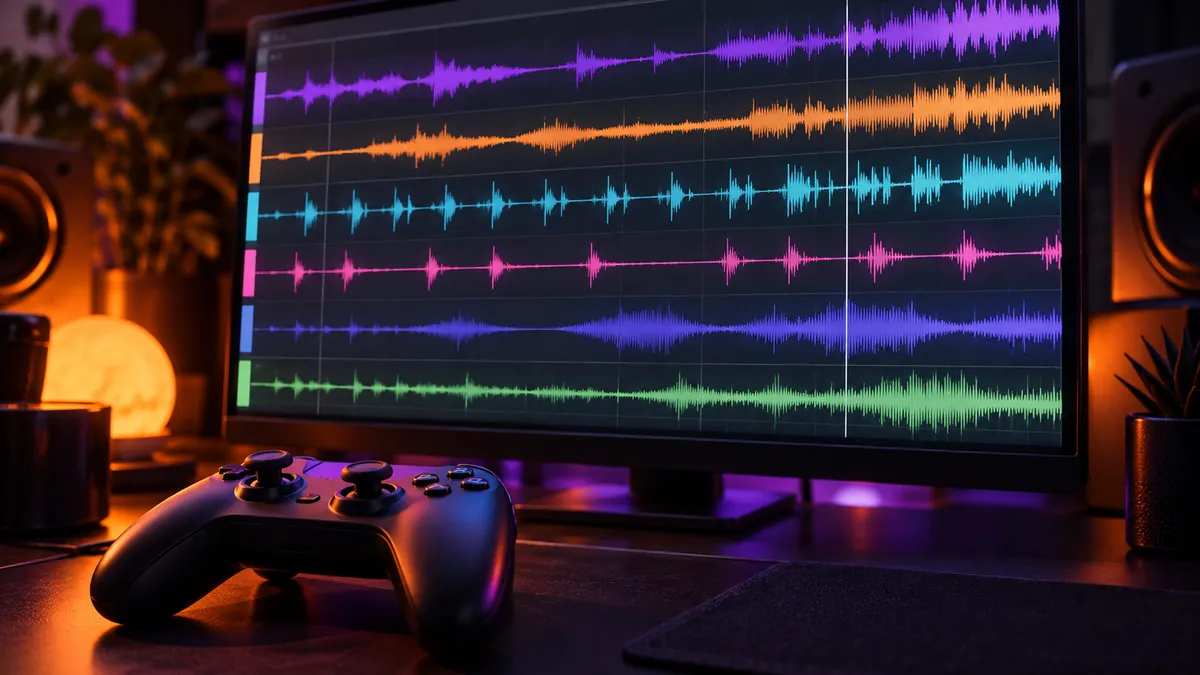 モニターに色とりどりの音の波形が並ぶ編集画面と、その手前に置かれたゲームパッド