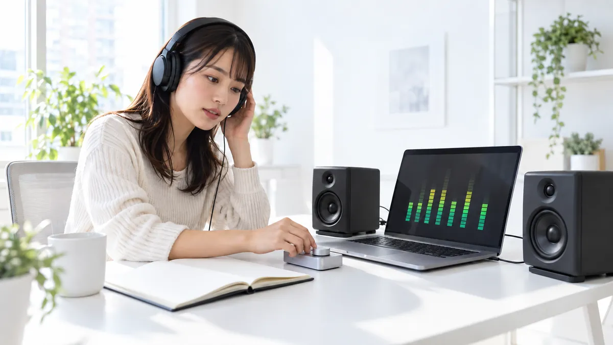 ノートパソコンの横にスピーカーとメモ帳を置いて音量を確認する日本人の女性