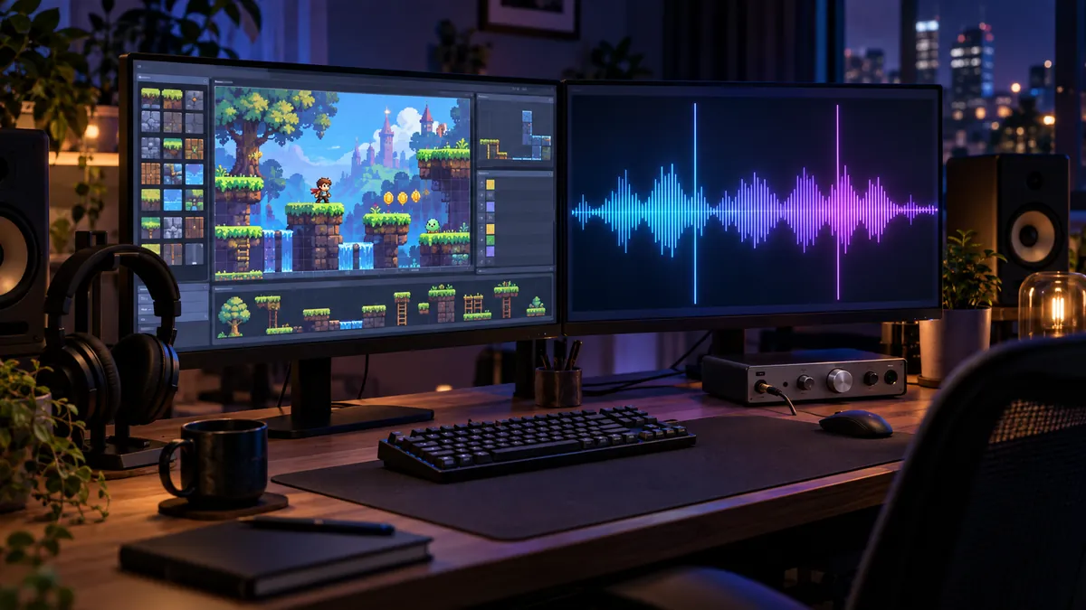 ゲーム開発の画面と音声編集の画面を2台のモニターに表示して作業する机