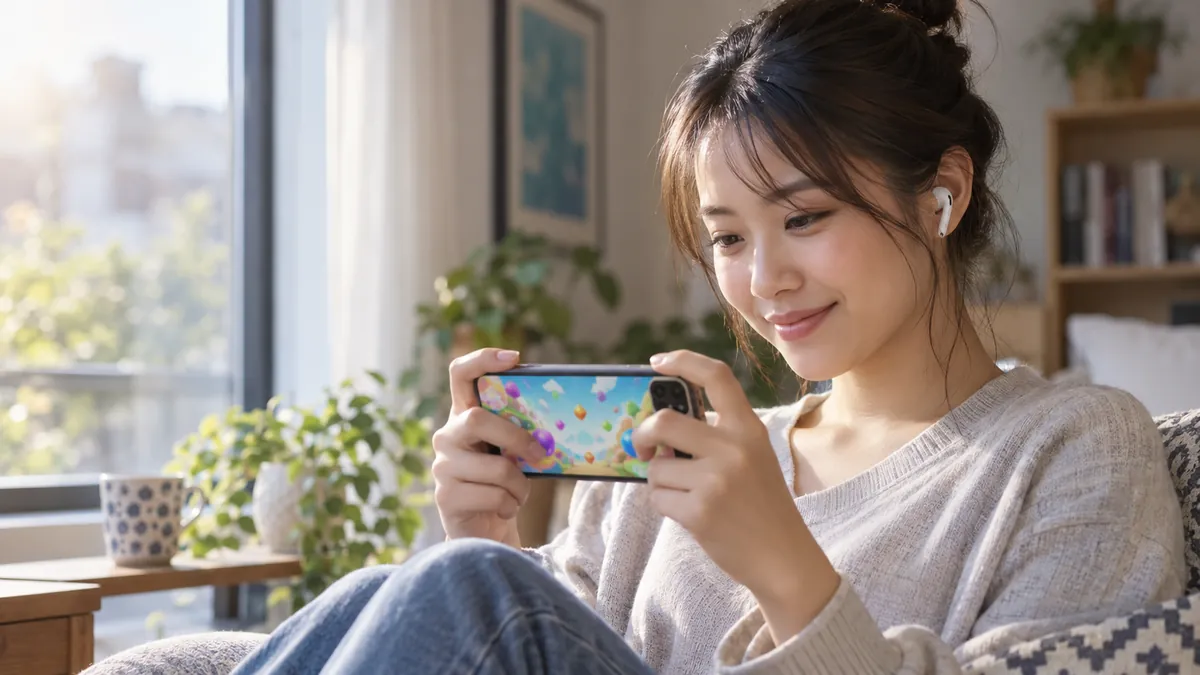 スマートフォンでゲームを遊びながらイヤホンで音を確かめる日本人の若い女性