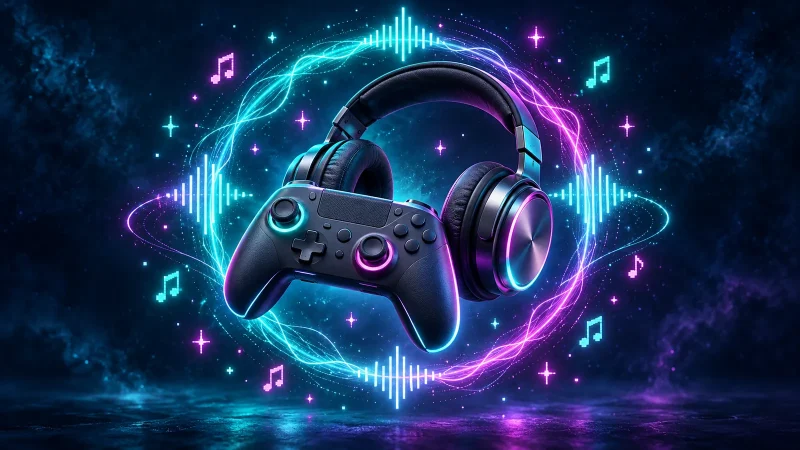 ゲームパッドとヘッドホンの周りに光る音の波形と音符が広がるイラスト
