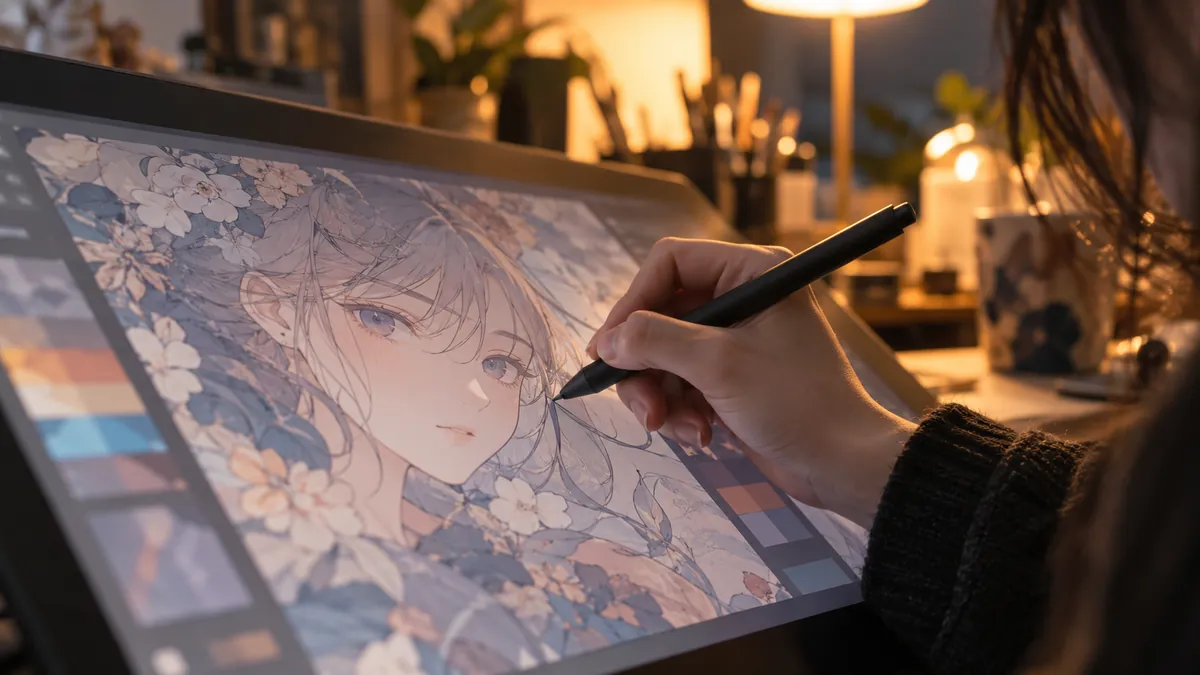 タブレットでAI生成のキャラクター画像に手描きで線を描き足すイラストレーター