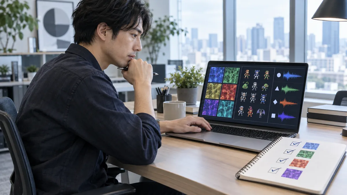 ノートパソコンでツールの契約プランと素材一覧の表を照らし合わせる開発者