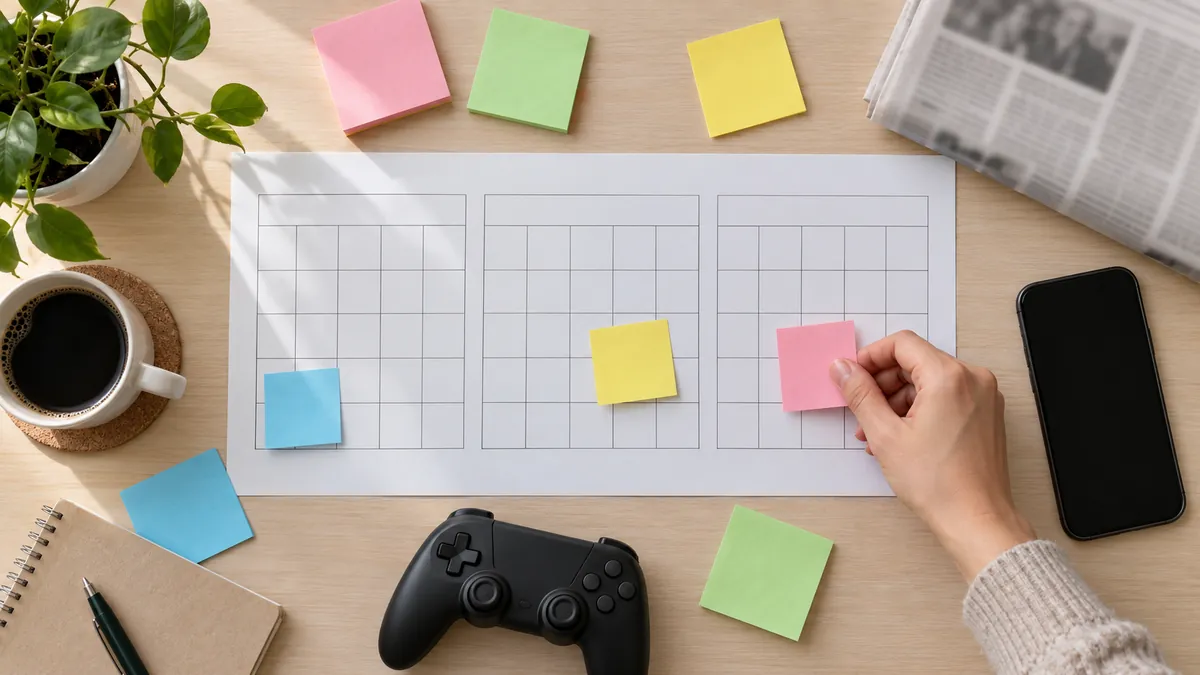 カレンダーとゲーム機と新聞を並べた机の上でニュースを整理する様子