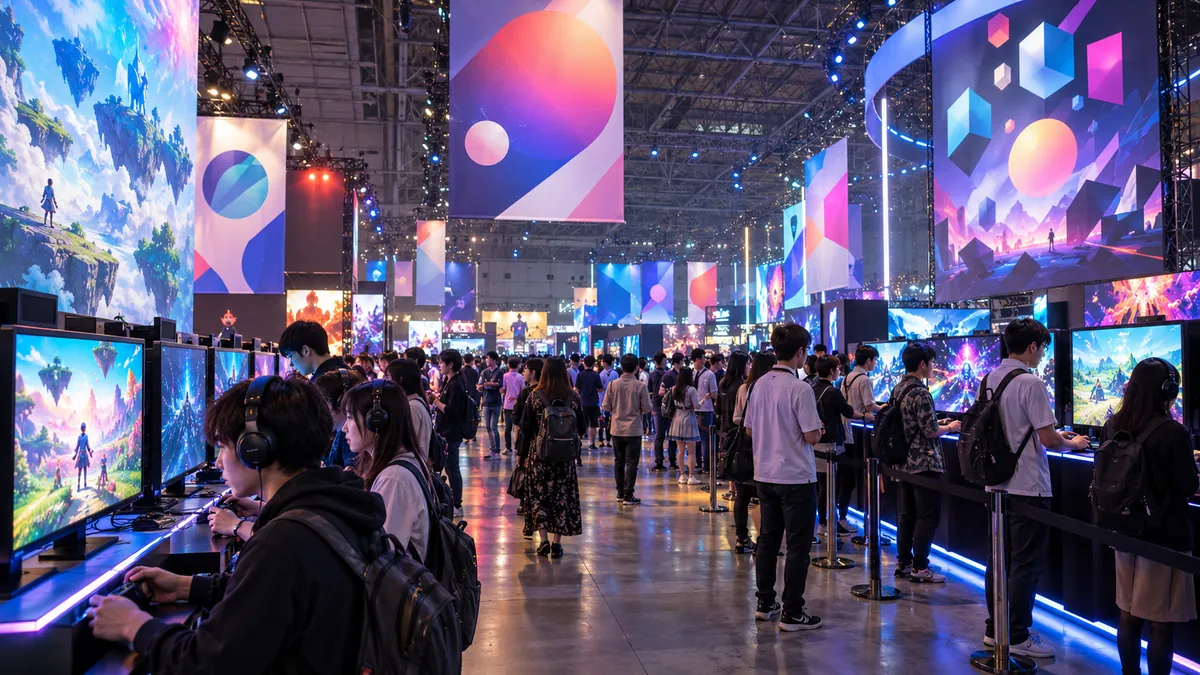 大きな展示会場でゲームの試遊台に並ぶ来場者たち