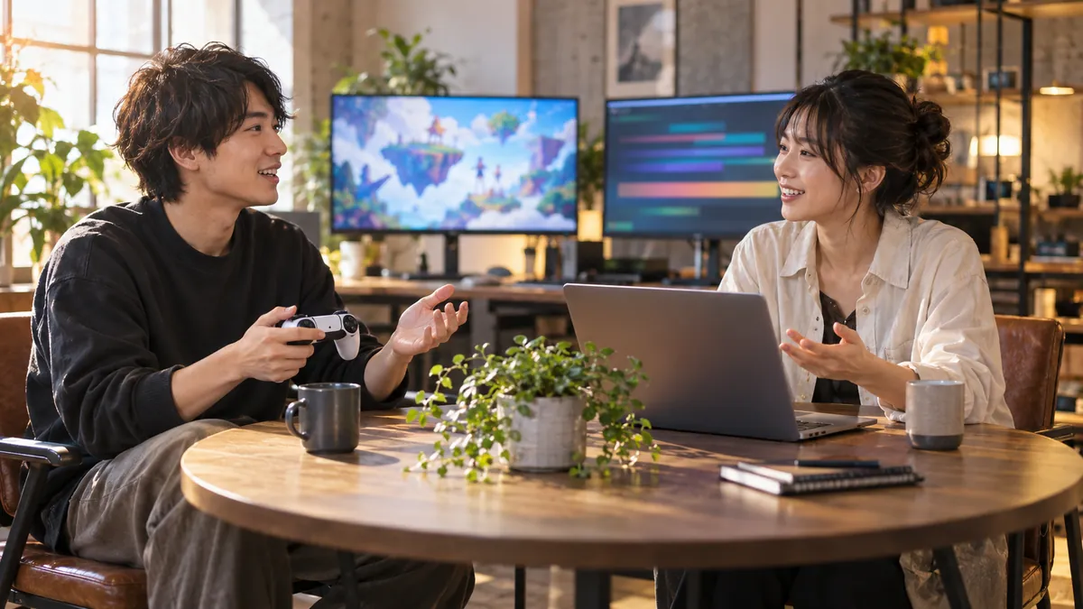 ゲームをする人と開発する人が向かい合って意見を交わす作業スペース