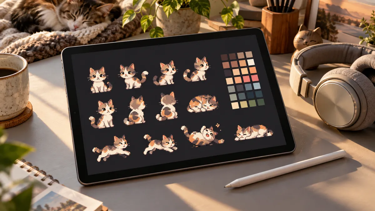 タブレットにドット絵のキャラクターと色見本が並び、横でヘッドホンが置かれた机