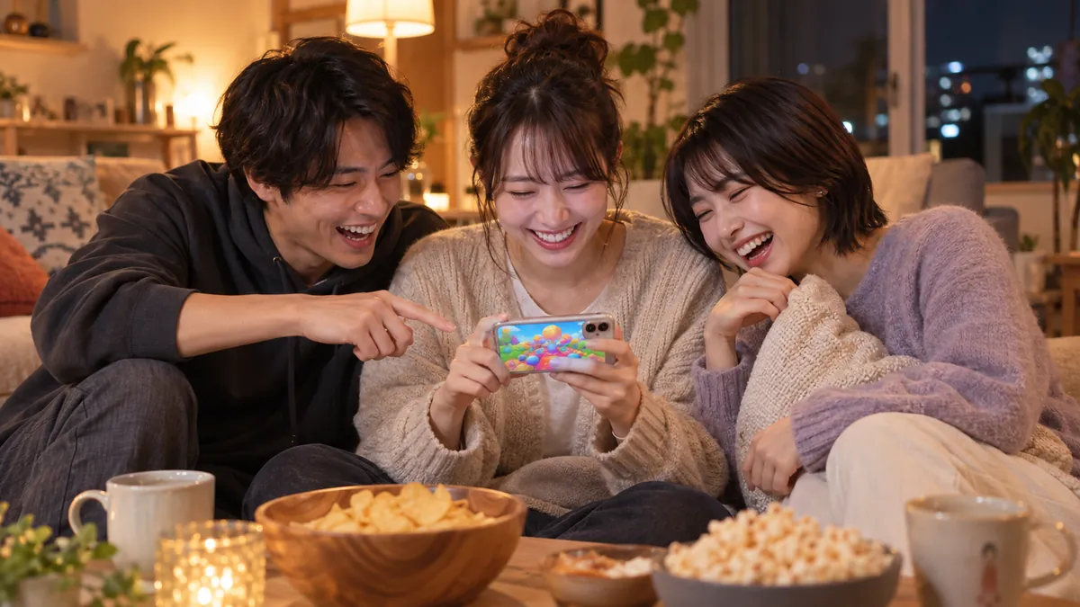 夜のリビングでスマートフォンの画面を見せ合いながら笑う日本人の若者たち