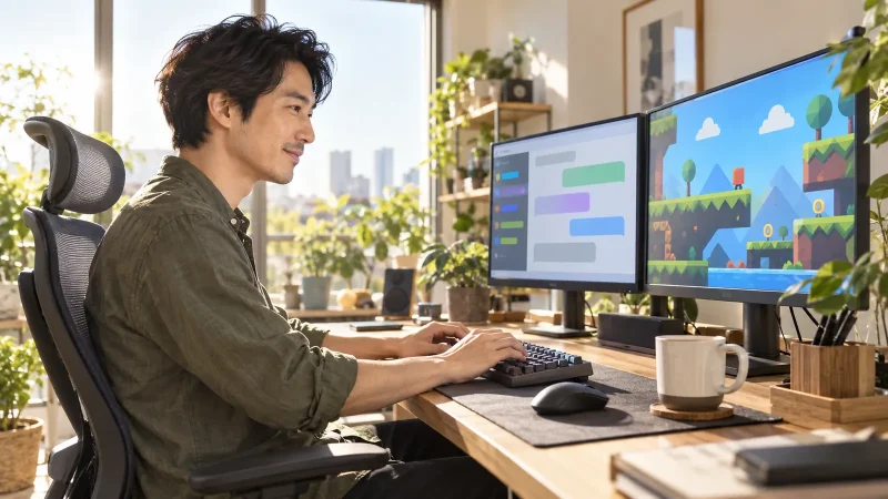 キーボードで指示を打ち込みながらゲーム画面を確かめる日本人の男性