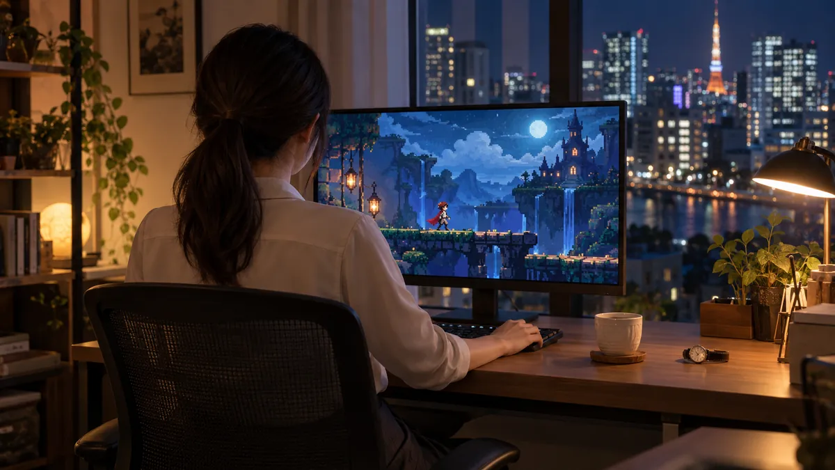 仕事終わりの夜に自宅の机でゲーム制作をする会社員