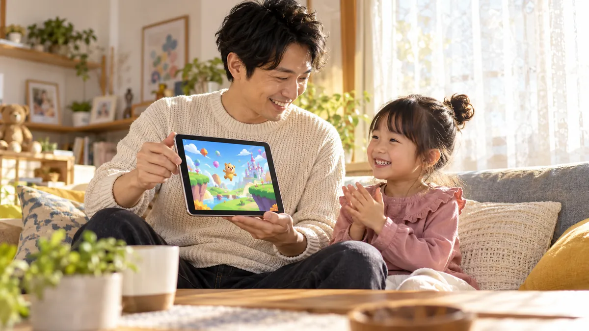 週末の朝に完成したゲームを家族に見せる会社員の父親