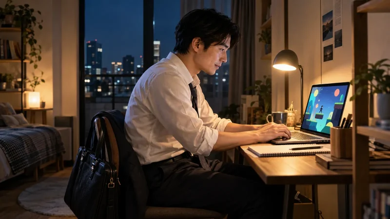 仕事帰りにノートパソコンでゲームを作る日本人の会社員