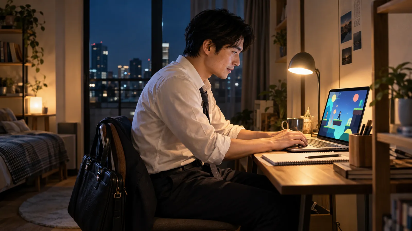 仕事帰りにノートパソコンでゲームを作る日本人の会社員