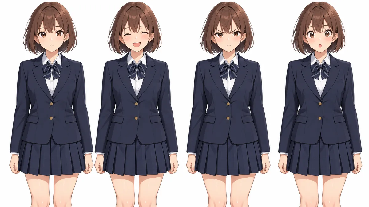 同じアニメ調の少女キャラクターが通常・笑顔・怒り・驚きの表情で横に並ぶ立ち絵の差分
