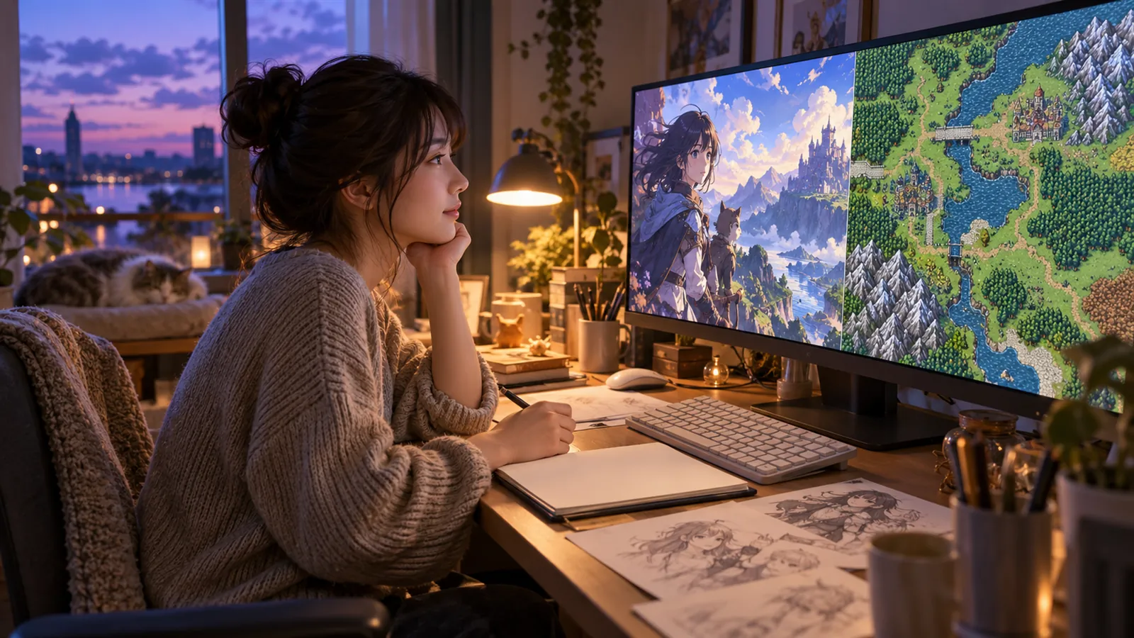 パソコンでノベルゲームとRPGを制作する日本人の若い女性