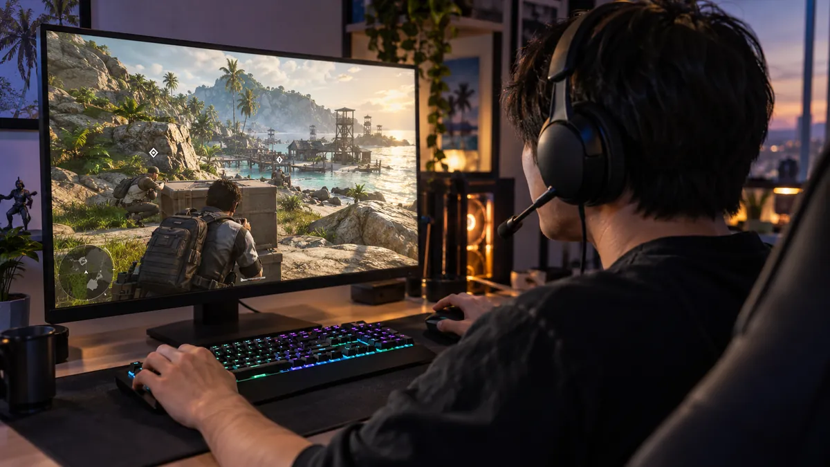 ヘッドセットのマイクに話しかけながらパソコンでシューティングゲームを遊ぶ日本人の若い男性