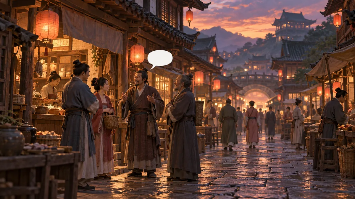 夕暮れの古い中国風の町並みでランタンの明かりの下に立つ村人たちを描いたゲームの風景