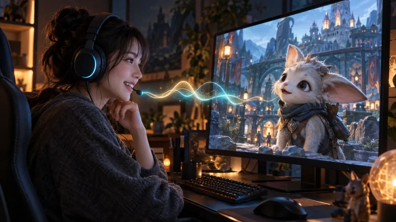ゲームの中の仲間キャラクターと向き合うように光るモニターを見つめる日本人の若い女性