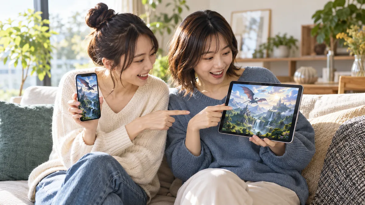 スマートフォンとタブレットでファンタジーの冒険画面を見せ合う日本人の若者たち