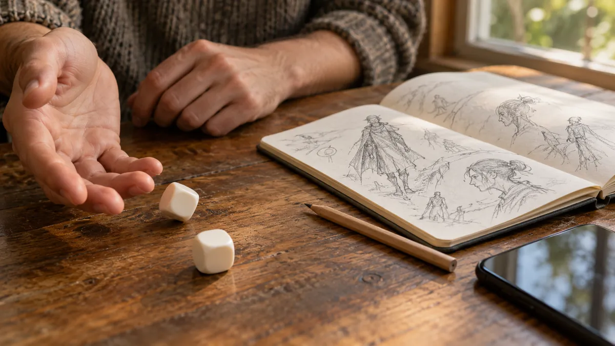木のテーブルの上でサイコロを振りながらノートにキャラクターの設定を書く手元