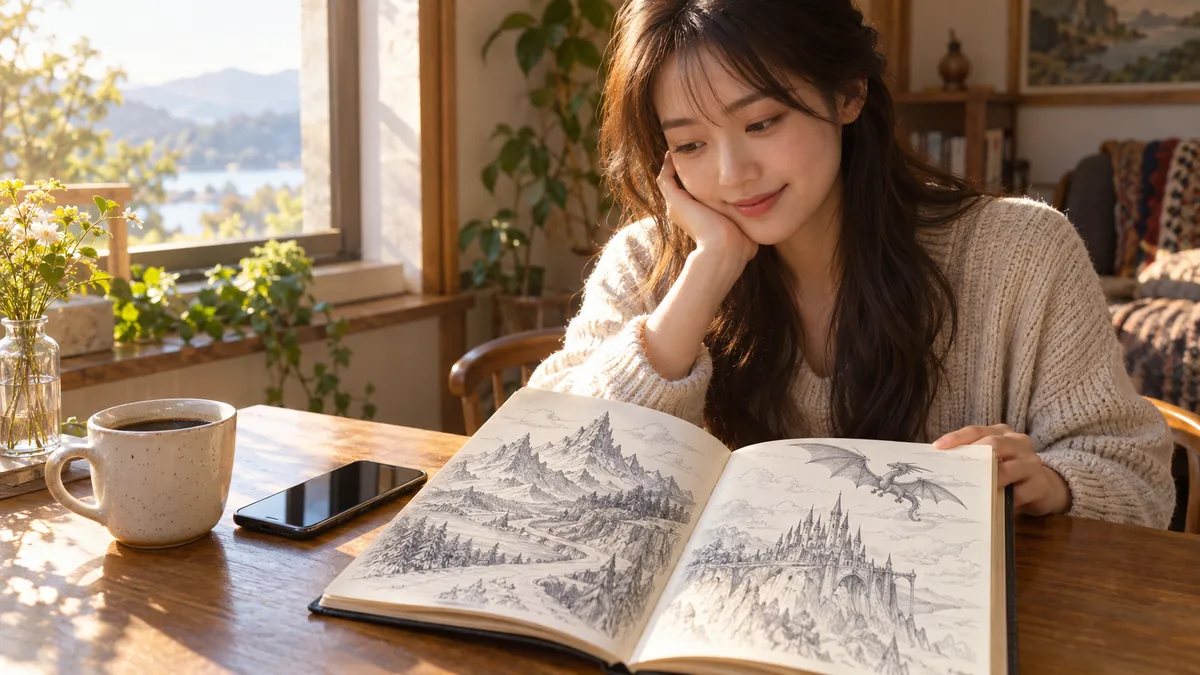 朝の光が差す部屋でノートとスマートフォンを並べて冒険の記録を読み返す日本人の女性