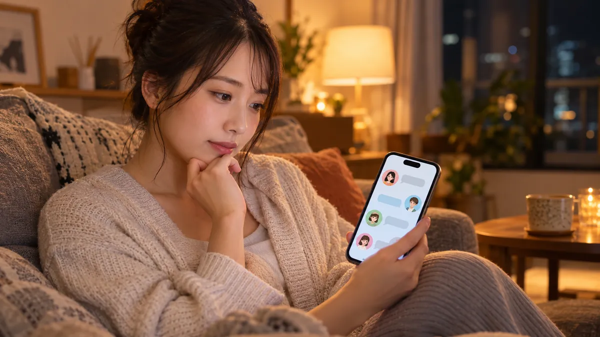 スマートフォンのチャット画面で複数のキャラクターと議論している日本人の若い女性