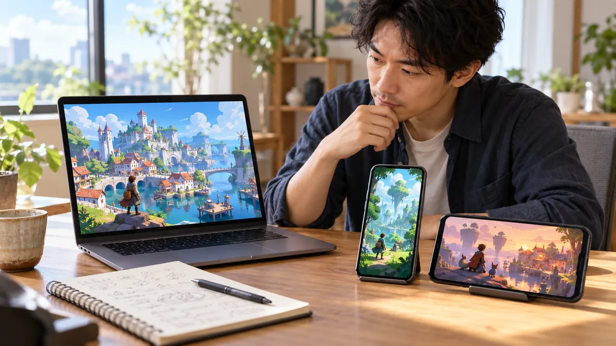 机の上に並んだ複数のスマートフォンとノートパソコンでそれぞれ別のゲーム画面を見比べる日本人の男性