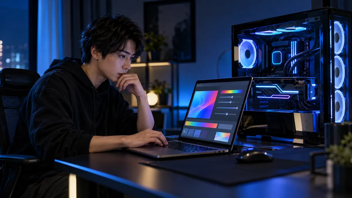 ノートパソコンとゲーム用のデスクトップPCを並べて設定画面を確認する日本人の若い男性
