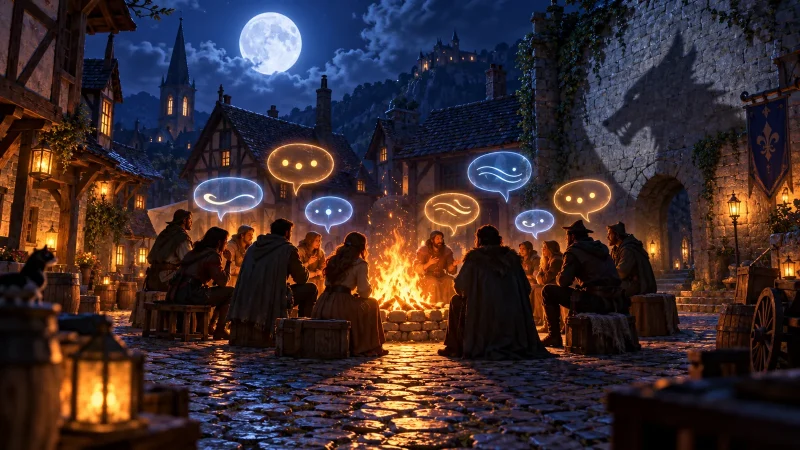 ろうそくの灯る夜の村の広場を囲む影のようなキャラクターたちと、浮かぶ半透明の対話の吹き出し