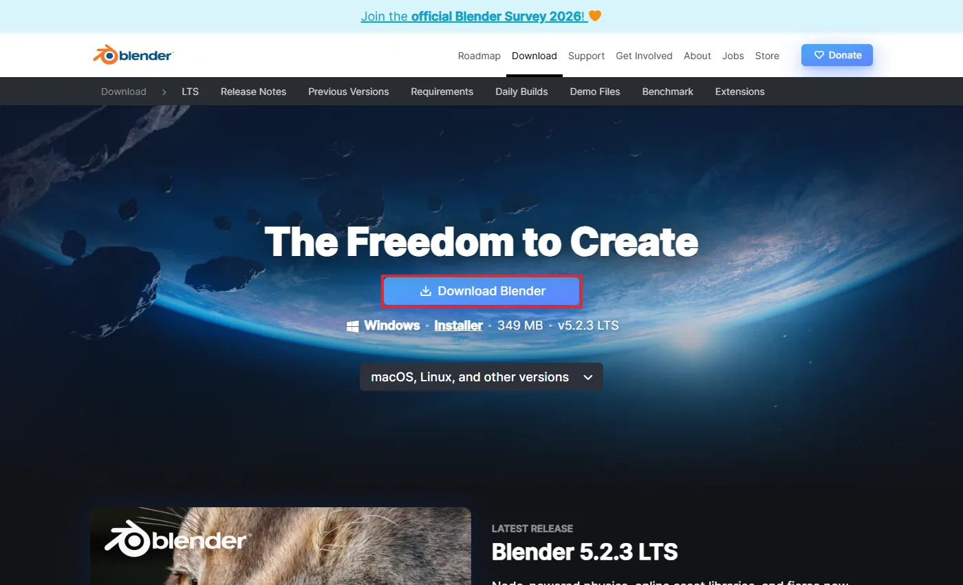 Blender公式のダウンロードページ。「Download Blender」の青いボタンが赤い枠で囲まれている