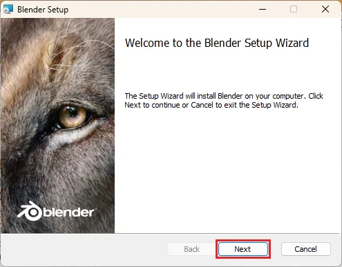 Blender Setupの最初の画面。Welcome to the Blender Setup Wizardと表示され、右下のNextボタンが赤い枠で囲まれている