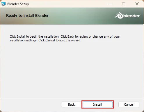 Ready to install Blenderの画面。右下のInstallボタンが赤い枠で囲まれている