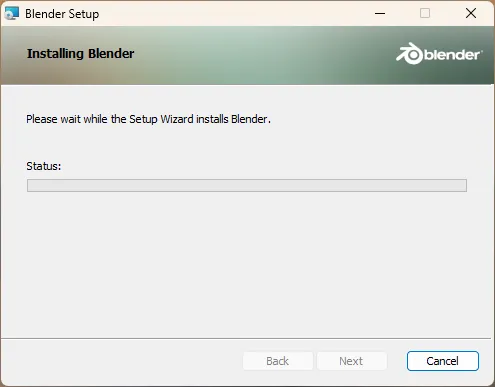 Installing Blenderの画面。Please wait while the Setup Wizard installs Blender.と表示され、進行状況のバーが空のまま止まっている