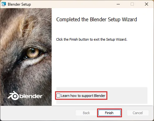 Completed the Blender Setup Wizardの画面。Learn how to support Blenderのチェックが外されていて、Finishボタンが赤い枠で囲まれている