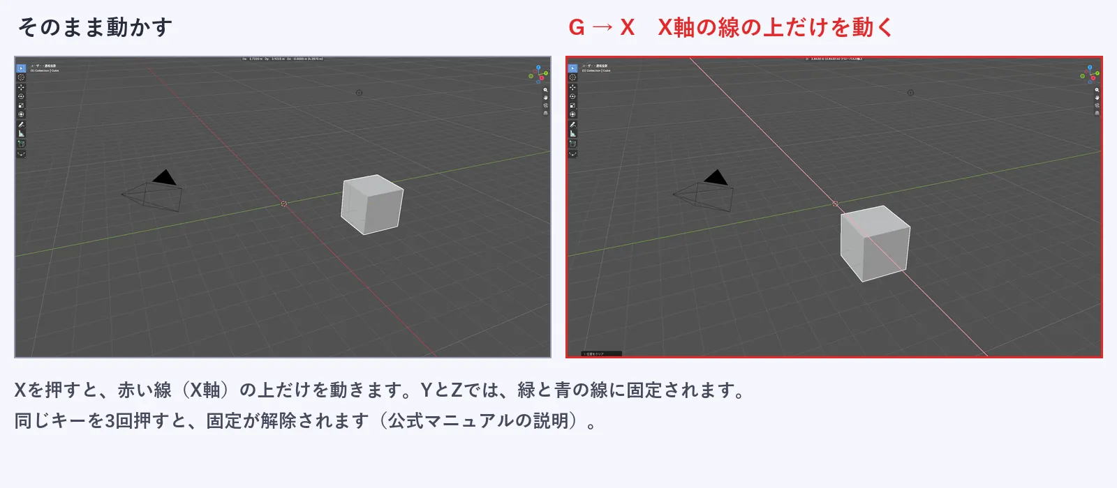 左は移動のキーを押してそのままマウスを動かした画面、右は移動のキーのあとにXを押した画面。右の画面では赤い線の上に沿って立方体が動いている