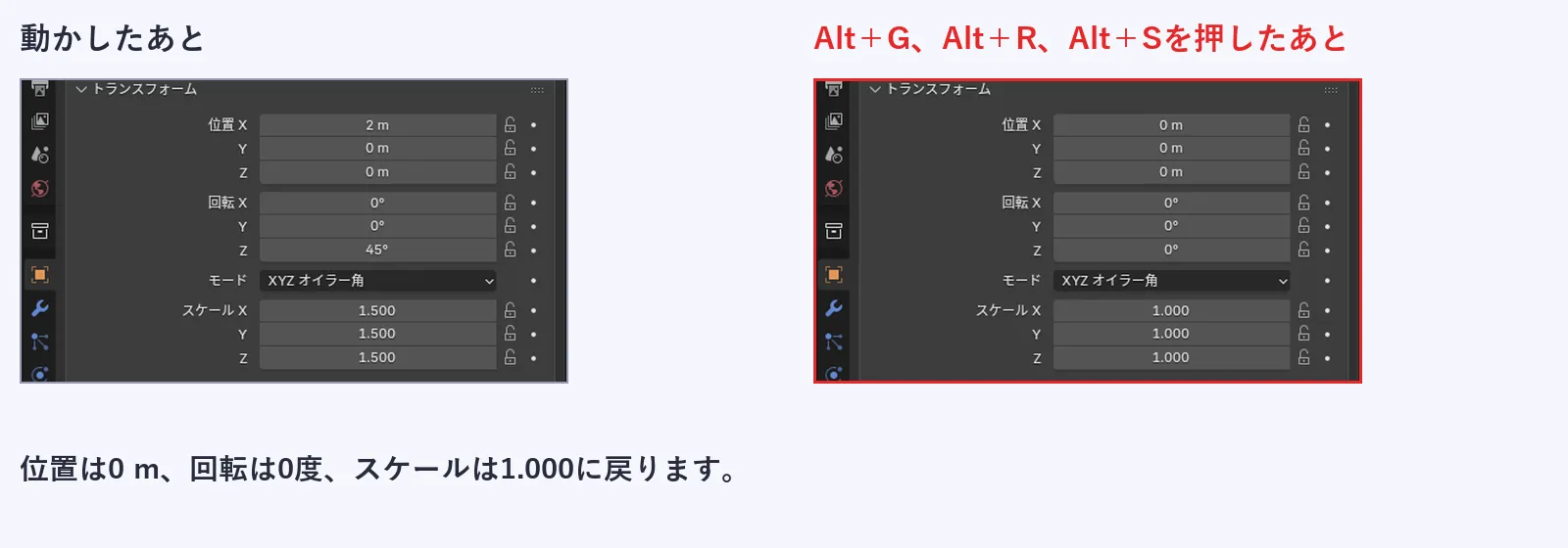 左は動かしたあとのプロパティで、位置Xが2 m、回転Zが45度、スケールが1.500。右はAlt＋G、Alt＋R、Alt＋Sを押したあとのプロパティで、位置は0 m、回転は0度、スケールは1.000に戻っている