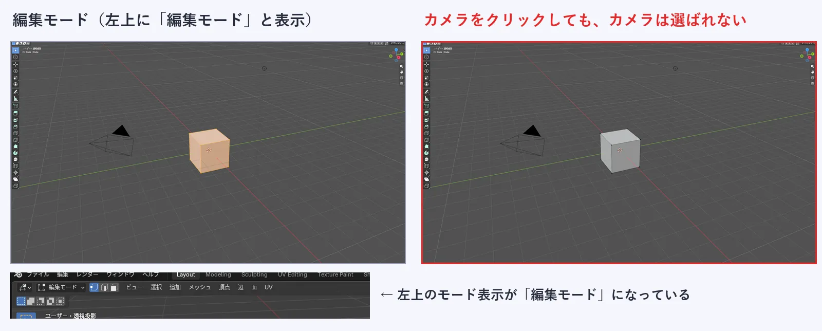 左は編集モードで立方体を開いた画面で、立方体の面がオレンジに塗られている。右はその状態でカメラをクリックした画面で、カメラは選ばれず、立方体の頂点の選択だけが外れている。下には左上の編集モードという表示を拡大した画像がある