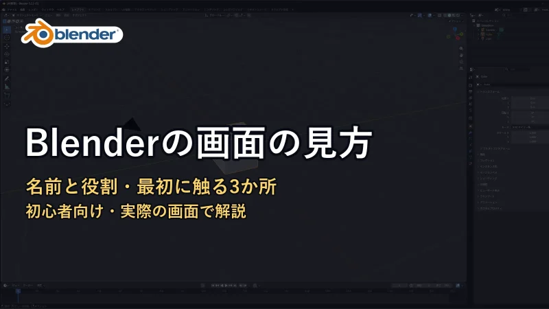 Blenderの公式ロゴと「Blenderの画面の見方」の文字。背景にBlenderの基本の画面が暗く映っている