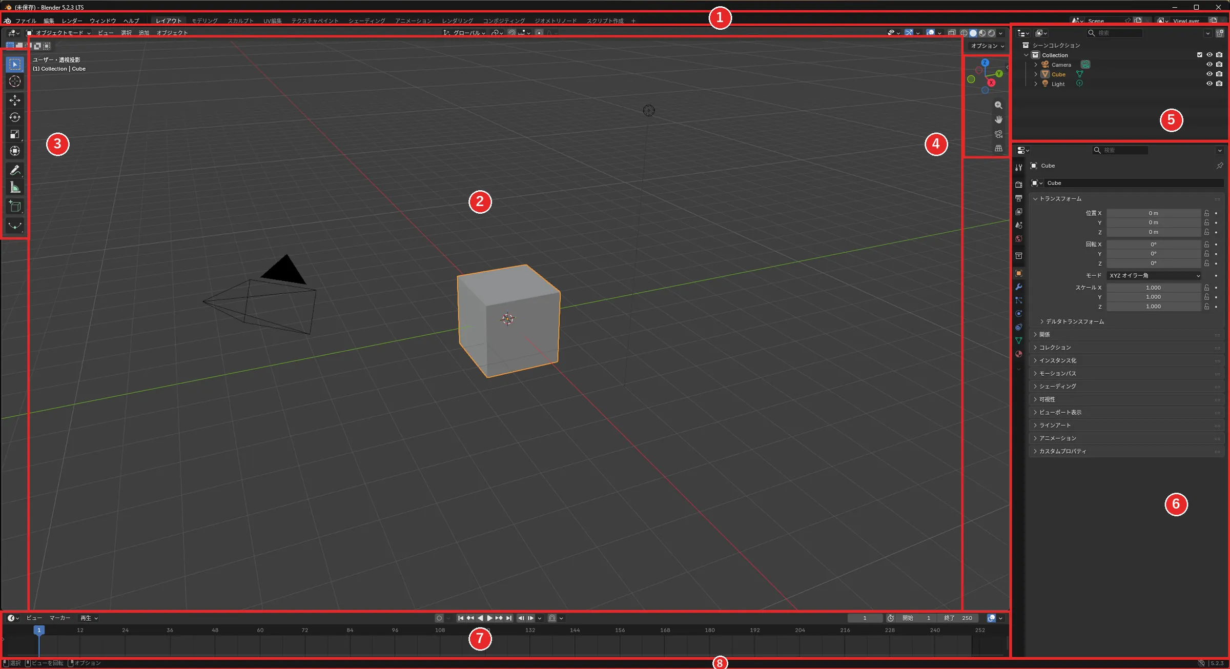 Blender 5.2.3 LTSの基本の画面。トップバー、3Dビューポート、ツールバー、ナビゲーション、アウトライナー、プロパティ、タイムライン、ステータスバーの8か所に赤い枠と番号がついている